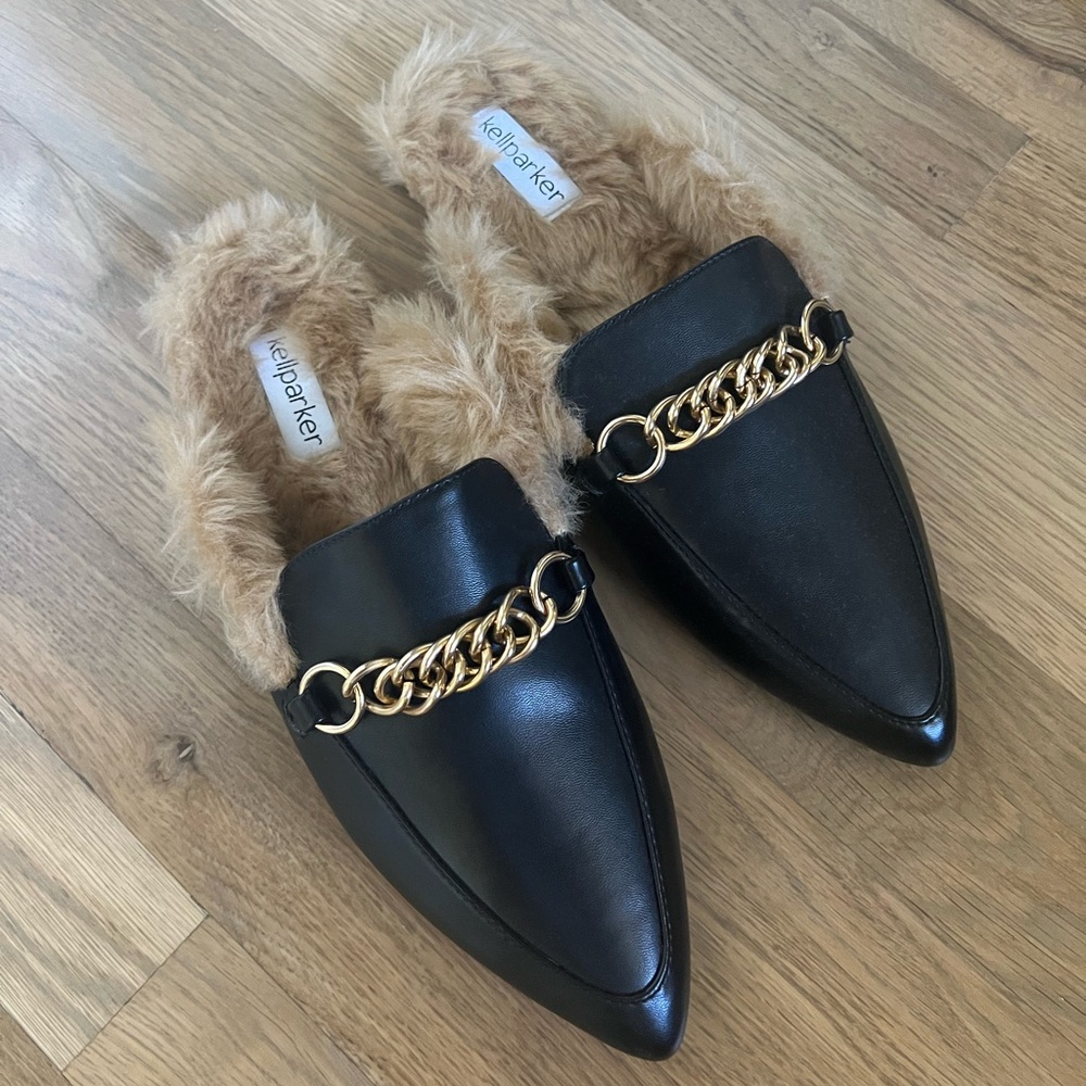 Very gently worn Kellparker vegan leather faux fur slides size 9